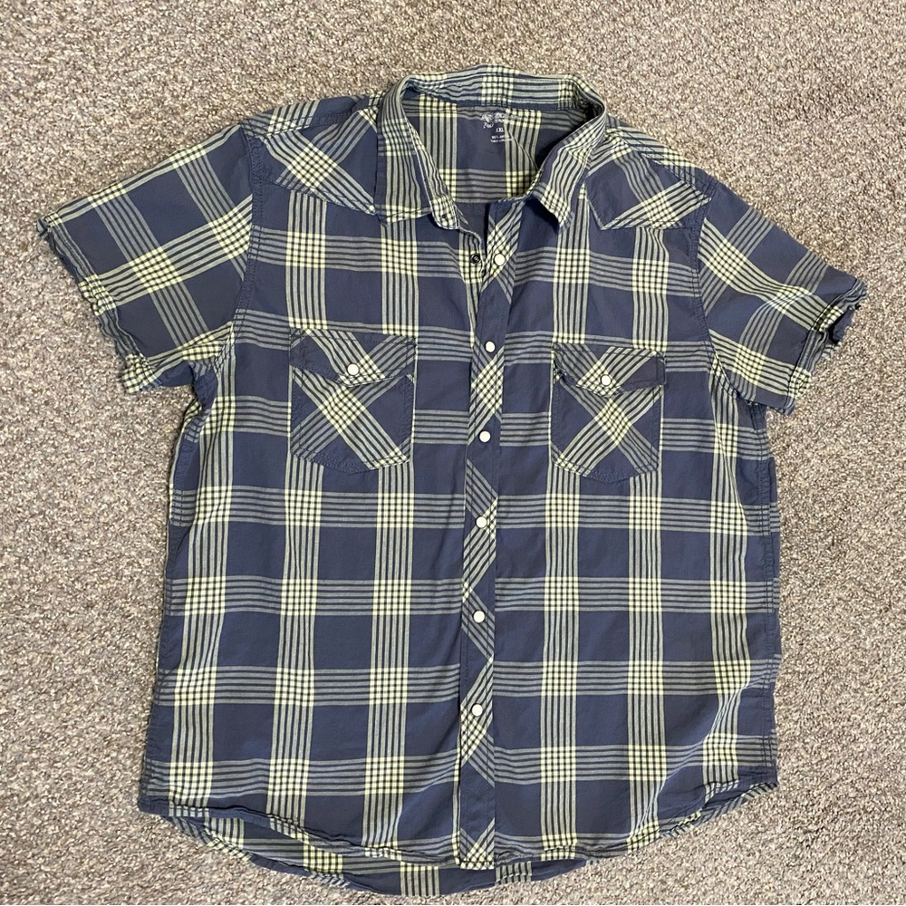 Arizona Jean Co Shirt Men's XXL Blue Plaid Pearl Snap Casual EUC